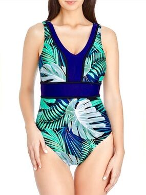 St. John's Bay Women’s Navy Teal Tropical Leaf One-Piece Swimsuit Size 24W NWT